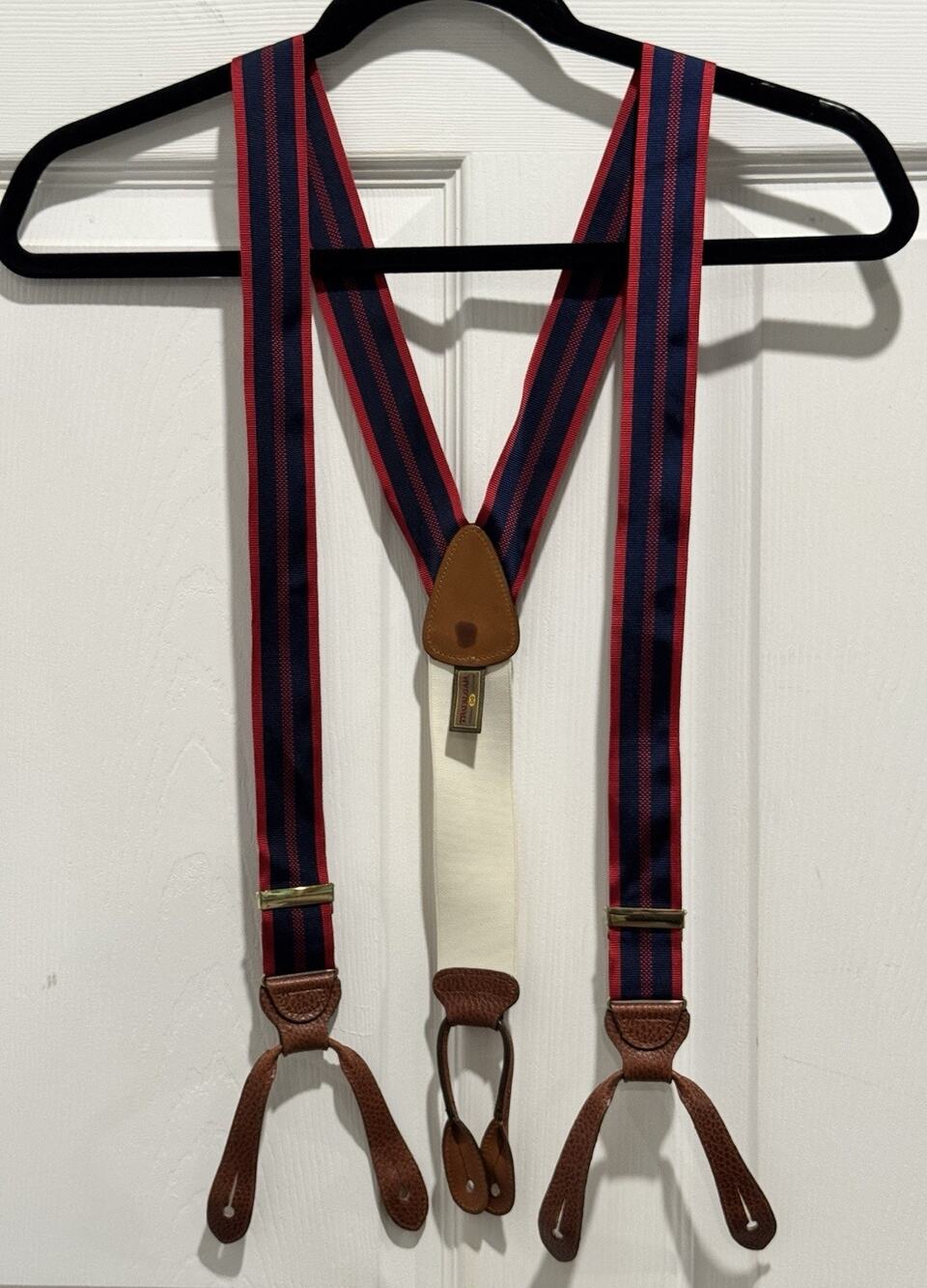 Trafalgar Suspenders Leather Button On Braces Red Blue Striped Made in England